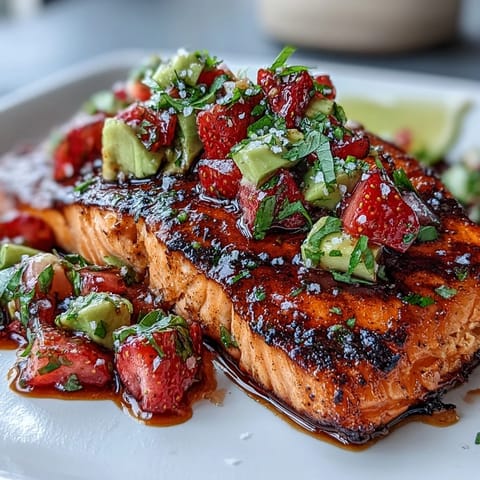 Perfectly grilled salmon topped with sweet, creamy strawberry avocado salsa.