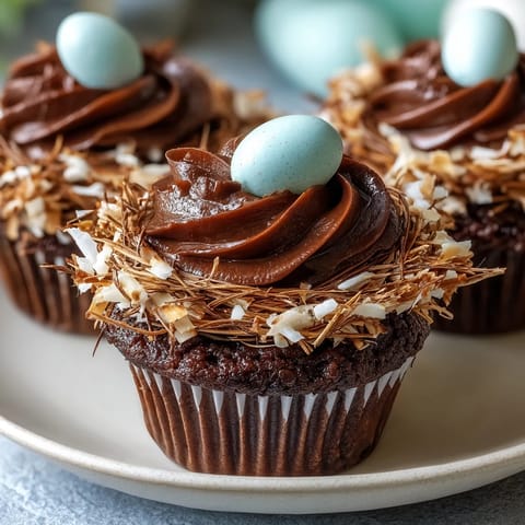 Festive Easter Nest Cupcakes topped with chocolate buttercream and candy eggs, perfect for spring celebrations.  