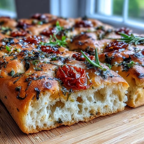 Fluffy Italian focaccia topped with fresh spring herbs, cherry tomatoes, and flaky salt, golden and aromatic from the oven.  