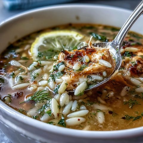 A steaming bowl of Greek lemon chicken soup with tender shredded chicken, orzo, and fresh herbs in a silky lemon broth.