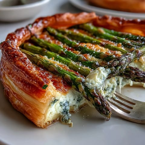 Elegant asparagus ricotta tart with crisp golden puff pastry and creamy lemon-herb ricotta filling.  