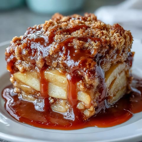 Indulgent whiskey caramel apple crisp, baked bubbly with tender apples.
