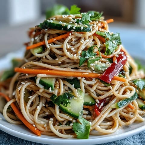 Chilled soba noodle salad with sesame ginger dressing, a vibrant and refreshing summer meal.