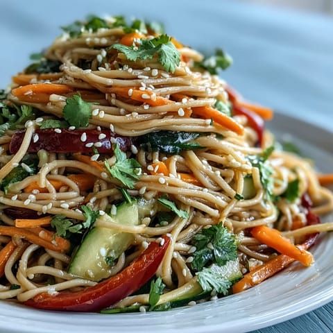 A colorful cold soba noodle salad with crisp veggies and zesty ginger dressing.