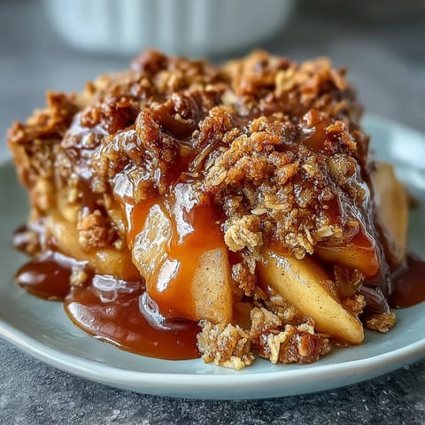 Warm Father's Day Whiskey Caramel Apple Crisp with golden oat topping.