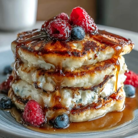 Golden Icelandic Skyr Pancakes, fluffy and stacked high with berries.