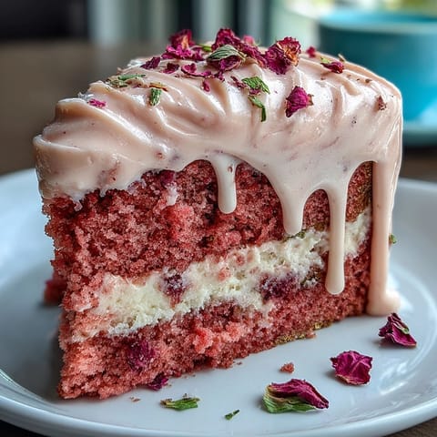 Decadent pink velvet cake, infused with rosé, elegantly drizzled with edible gold.