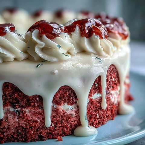 Luscious pink Rosé Velvet Cake adorned with creamy frosting and artisanal gold drip.