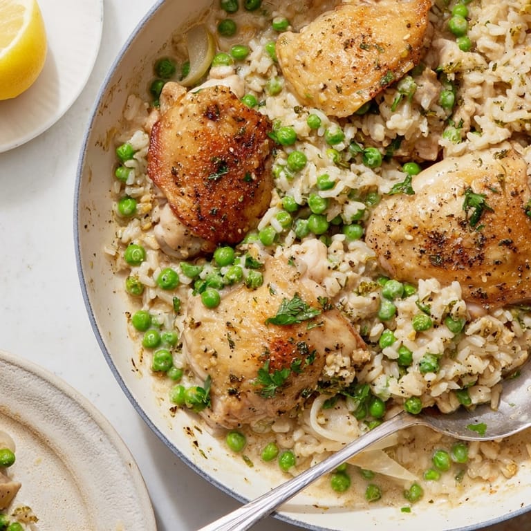 Close-up of creamy lemon chicken and rice, showcasing tender chicken, bright lemon sauce, and fluffy rice.