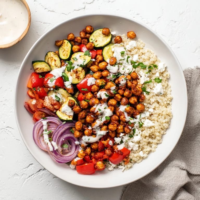 This beautiful Mediterranean Chickpea and Veggie Grain Bowl features crispy chickpeas and a zesty lemon-tahini dressing.