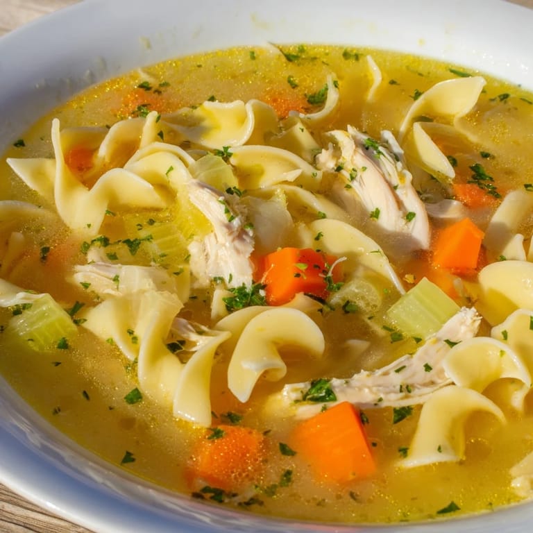 Close-up of a flavorful Cozy Chicken Noodle Soup, showcasing hearty vegetables in a rich broth.