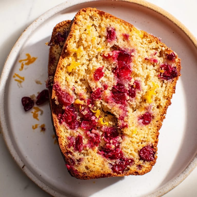 Warm, homemade cranberry and orange bread, ready to be enjoyed with a cup of coffee this morning.