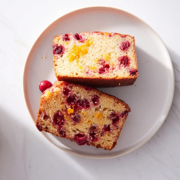 A slice of moist cranberry and orange bread, with visible cranberries nestled inside the tender crumb.