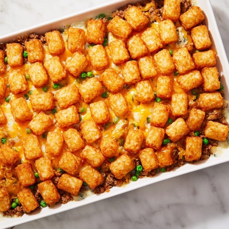 This warm Family Favorite Tater Tot Casserole features a bubbling, creamy meat and veggie layer, beneath crunchy tots.