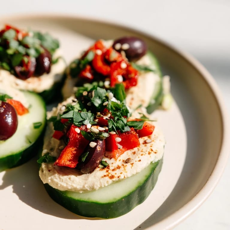 Fresh Quick Hummus and Cucumber Bites, a vibrant appetizer with red pepper and parsley garnishes ready to serve.