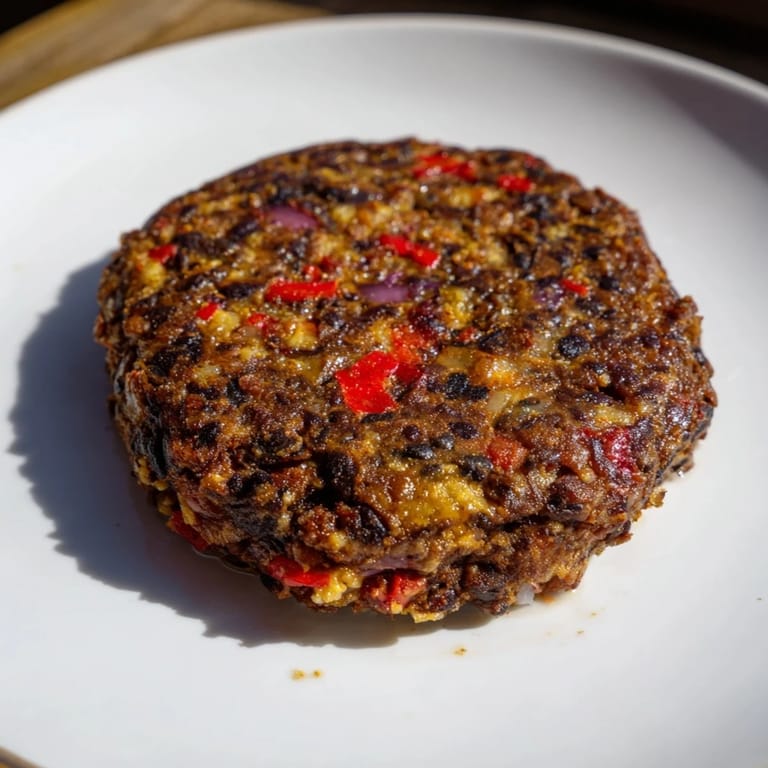 Golden-brown, homemade black bean burgers sizzling in a pan, full of savory spices.