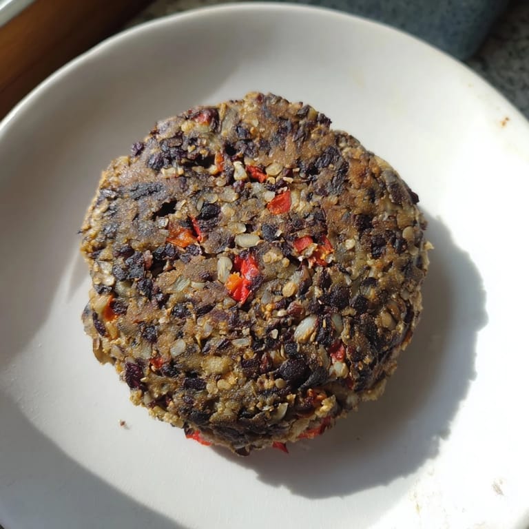 A plated, delicious vegetarian black bean burger with lettuce, tomato, and red onion.