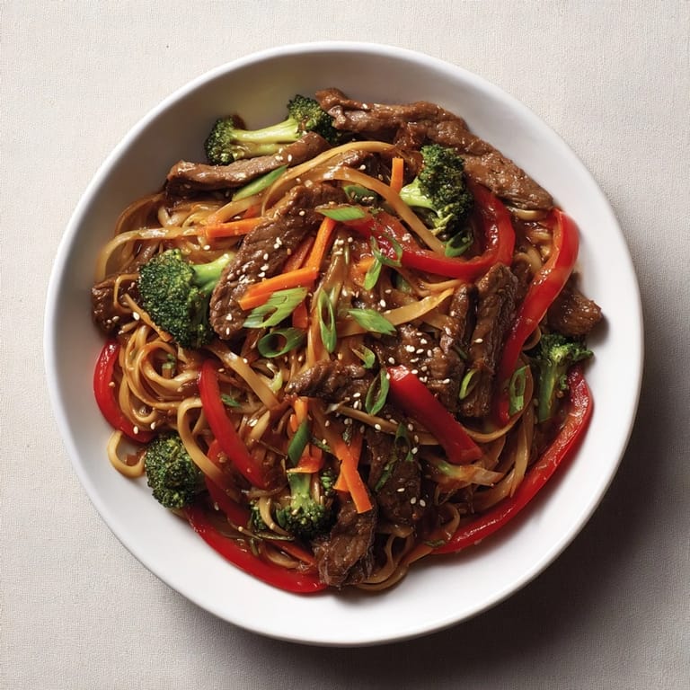 Savory stir-fried Easy Beef Stir-Fry with Lo Mein Noodles, featuring tender beef and colorful vegetables.