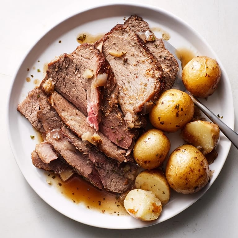 A close-up of a juicy slow cooker pot roast with tender potatoes, ready to serve and enjoy.