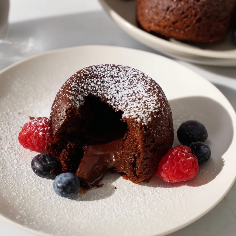 A perfect plating of Mini Chocolate Lava Cakes: rich, dark chocolate with fresh berries and powdered sugar.