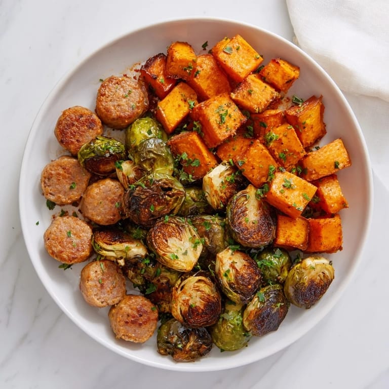 Golden sheet pan sausage, sweet potato, and Brussels sprouts, perfect for a flavorful weeknight meal.