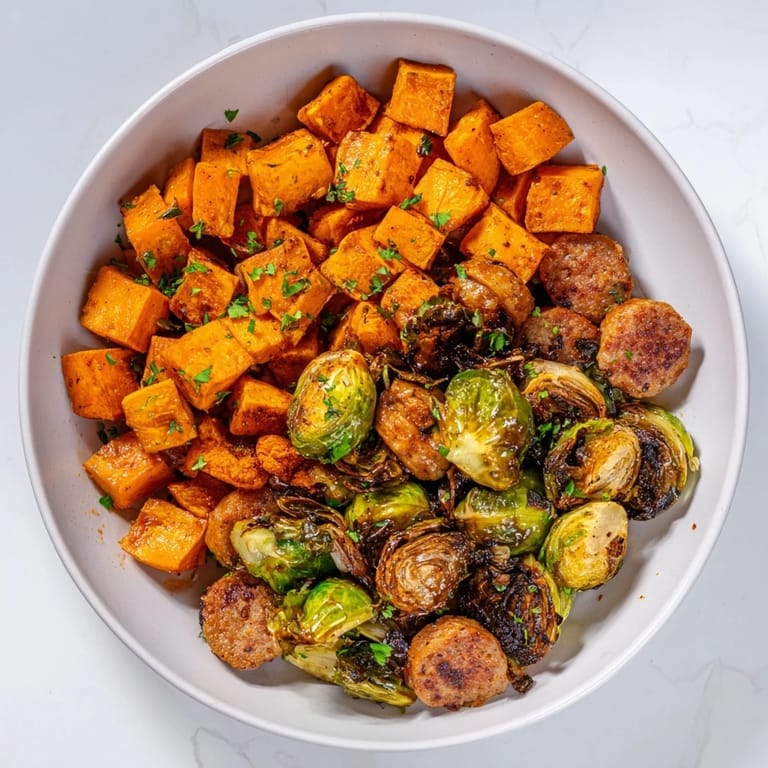 Vibrant image of sheet pan sausage, sweet potato, and Brussels sprouts, ready to provide a savory, gluten-free dinner.