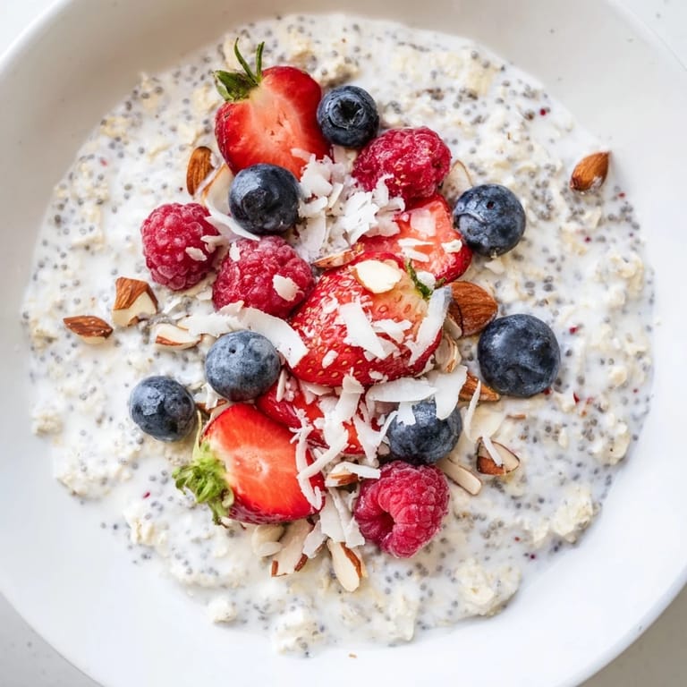 Textured close-up of overnight oats, creamy with chia seeds and colorful berries, ready to enjoy.
