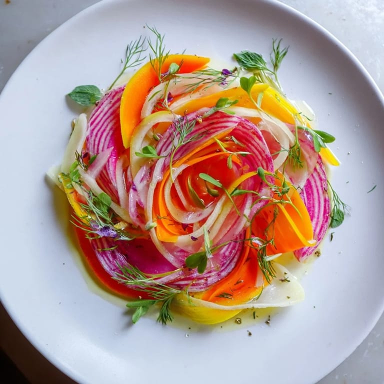 Thinly shaved vegetables create a visually appealing "Spinning Top" salad, perfect for any occasion.