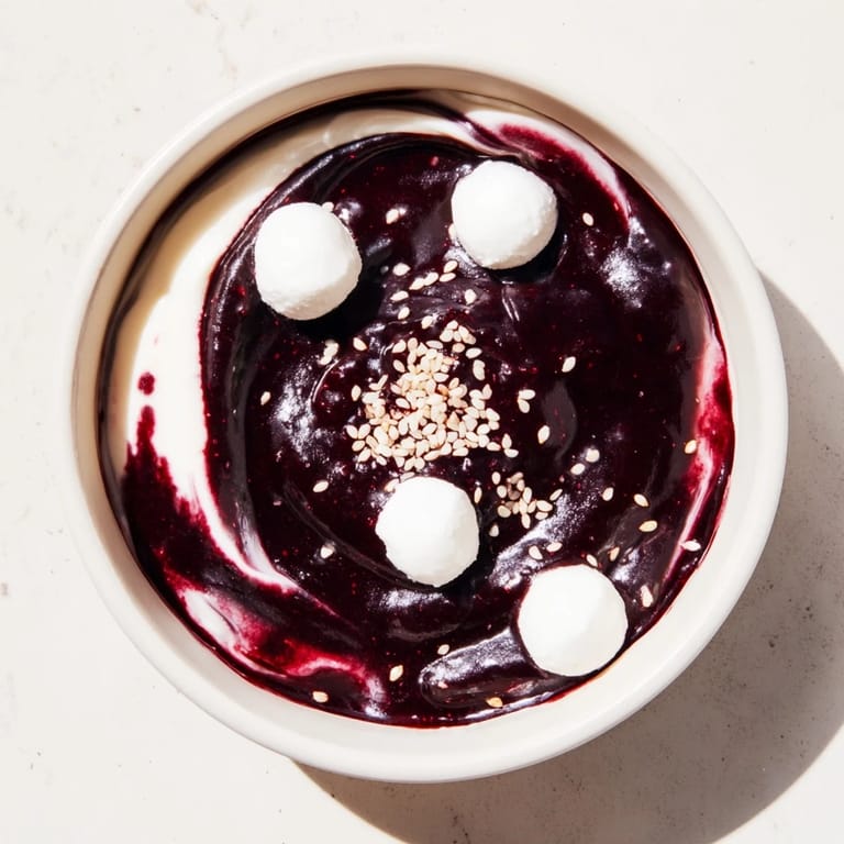 This visually stunning Galaxy Spiral dessert shows a gourmet treat with blackberry jam swirls, goat cheese, and sesame seeds.