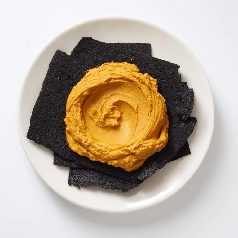 Close-up of the Midnight Sun, showcasing the rich dip and contrasting black crackers, delicious textures.
