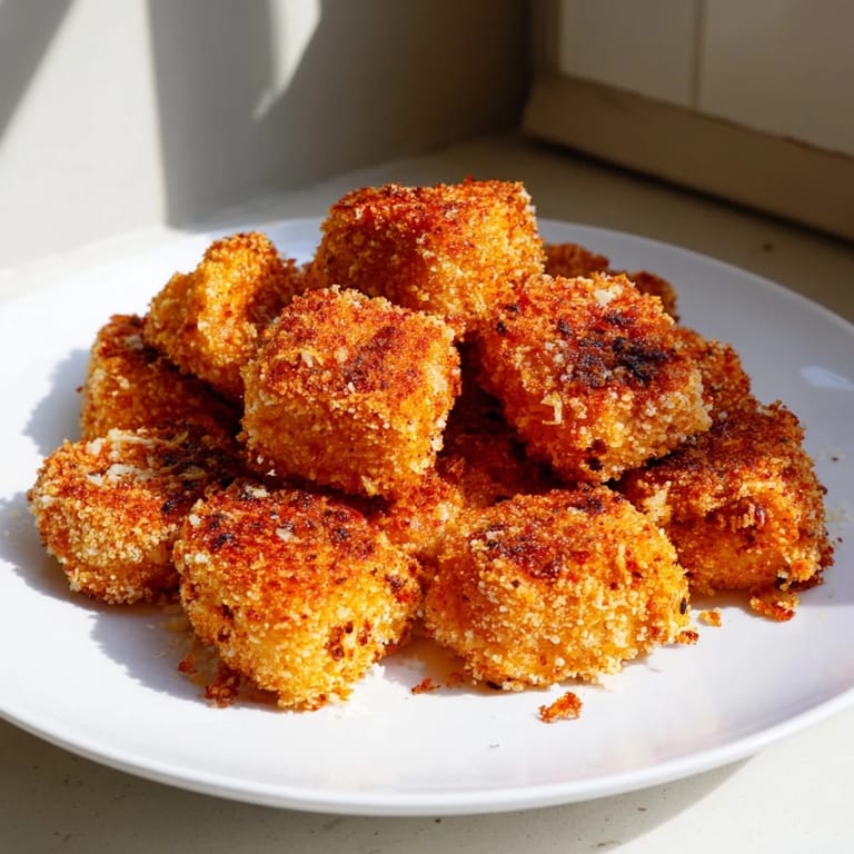 A close-up shot of golden-brown air fryer un-fried chicken nuggets on a serving plate.
