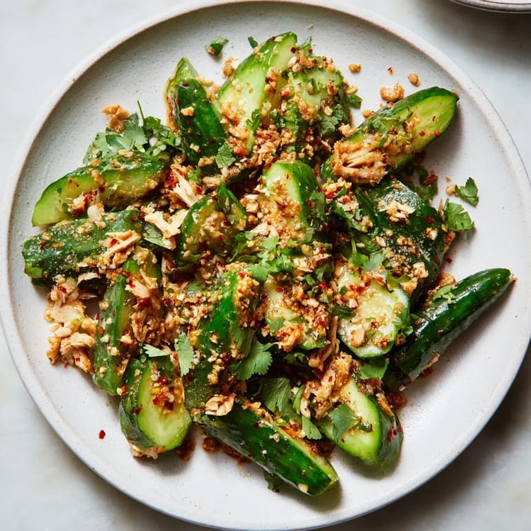 Freshly prepared Whole Cucumber Logan Salad featuring smashed cucumbers and a savory chicken topping.