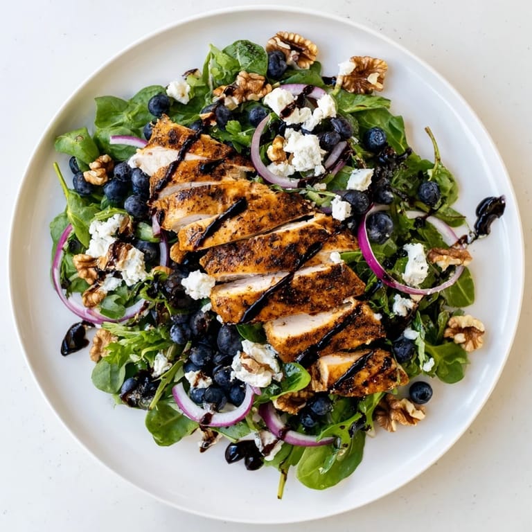 Vivid image of a healthy Blueberry Goat Cheese Chicken Salad, ready to eat, with glistening balsamic glaze and walnuts.