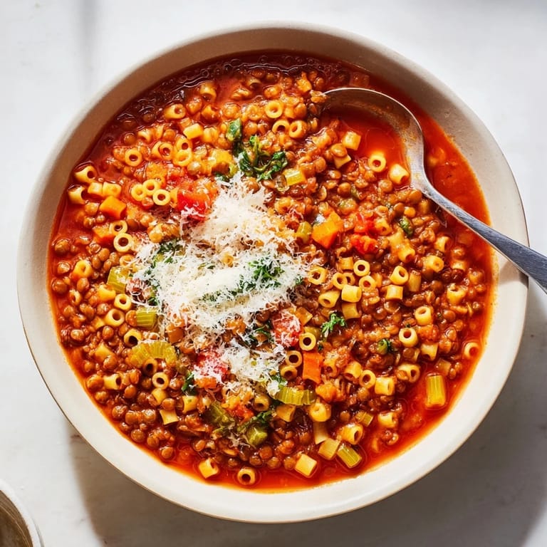 Enjoy the vibrant colors of this homemade Ditalini and Lentil Soup, perfect for a cozy weeknight dinner.