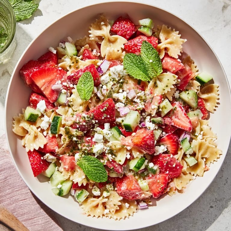 This chilled Strawberry Feta Pasta features colorful ingredients mingling in a yogurt dressing.