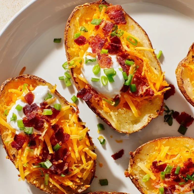 Oven-baked Loaded Baked Potato Skins, a savory appetizer garnished with fresh sour cream and chives.
