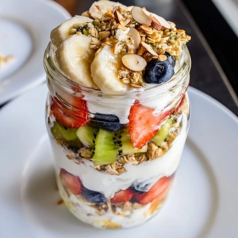 Image of a layered Yogurt Fruit Parfait with a vertical view, showcasing colorful fruits and granola in a glass.