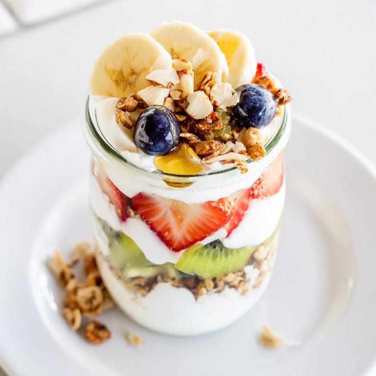 A refreshing Layered Yogurt Fruit Parfait with layers of creamy yogurt and colorful berries, ready to enjoy.