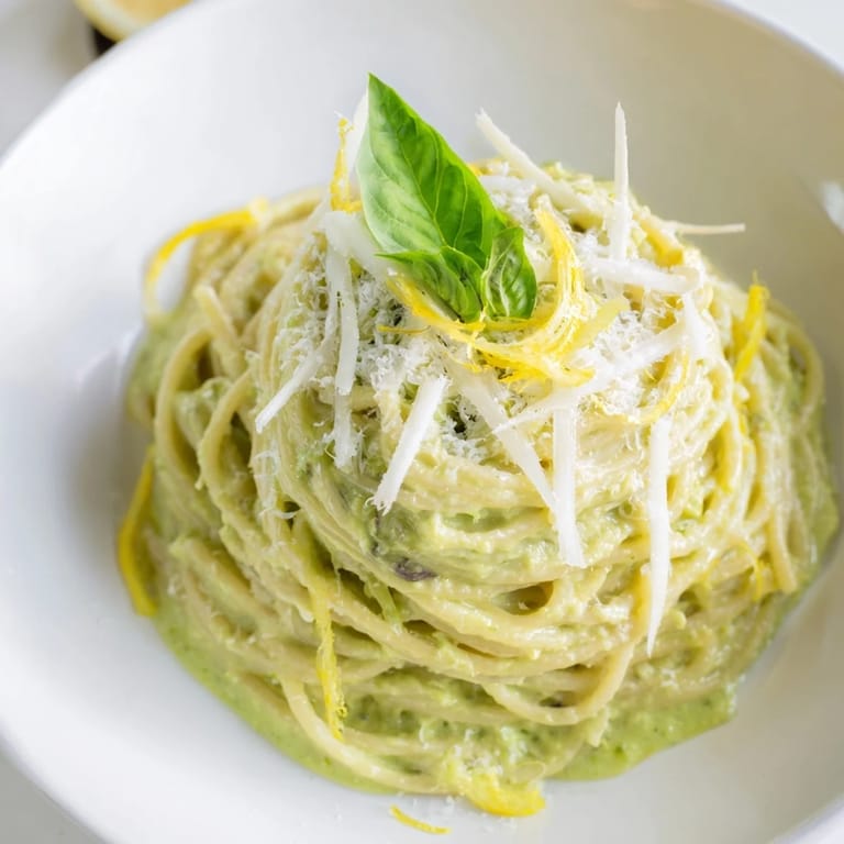 A bowl of creamy avocado pasta, garnished with lemon zest, an easy vegetarian meal idea.