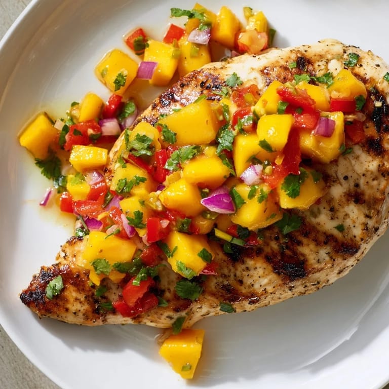 Served on a plate, the flavorful Mango Salsa Chicken looks perfect for a summer cookout.