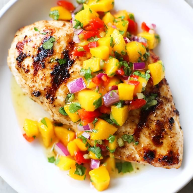 A close-up shot of grilled Mango Salsa Chicken, bursting with colorful, fresh mango salsa.