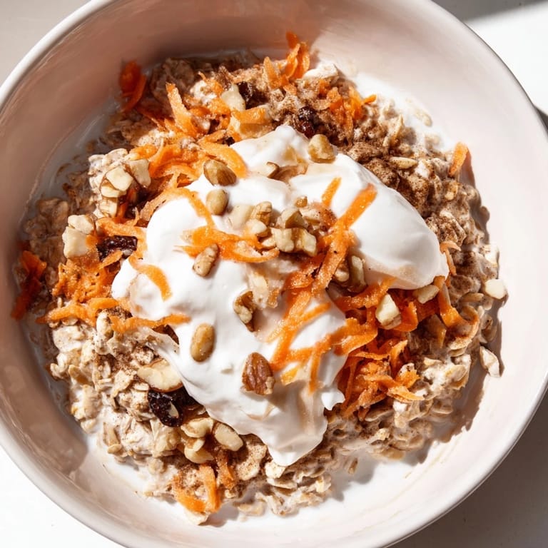 A close-up shot of the Carrot Cake Overnight Oats shows delightful textures, perfect for a quick breakfast.