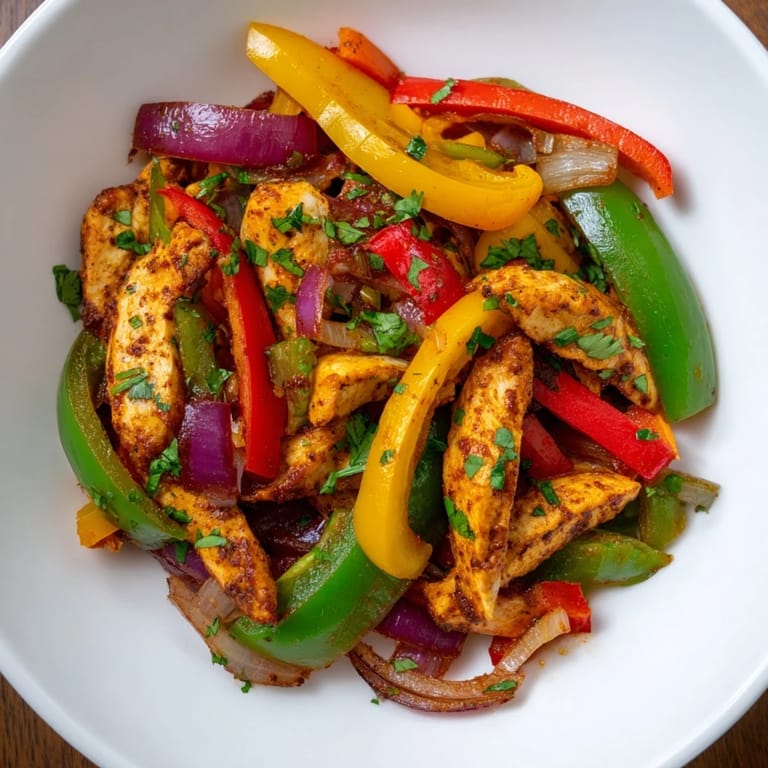 Enjoy the sizzle: Flavorful chicken fajita sheet pan, featuring roasted chicken strips and colorful veggies with Tex-Mex spices.