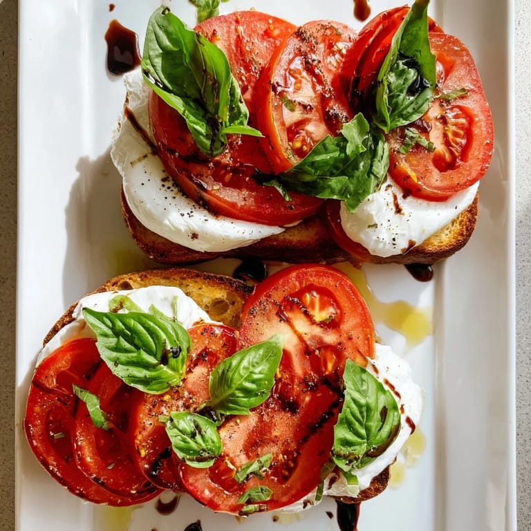 A close-up of golden Tomato Burrata Toast, overflowing with ripe tomatoes and soft cheese.