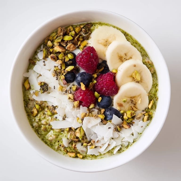 Beautifully layered Matcha Overnight Oats in a mason jar, showcasing the recipe's easy overnight prep.