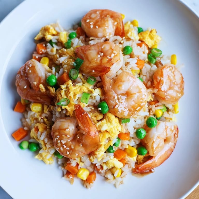 Steaming plate of shrimp fried rice, showcasing tender shrimp and fluffy, seasoned rice.
