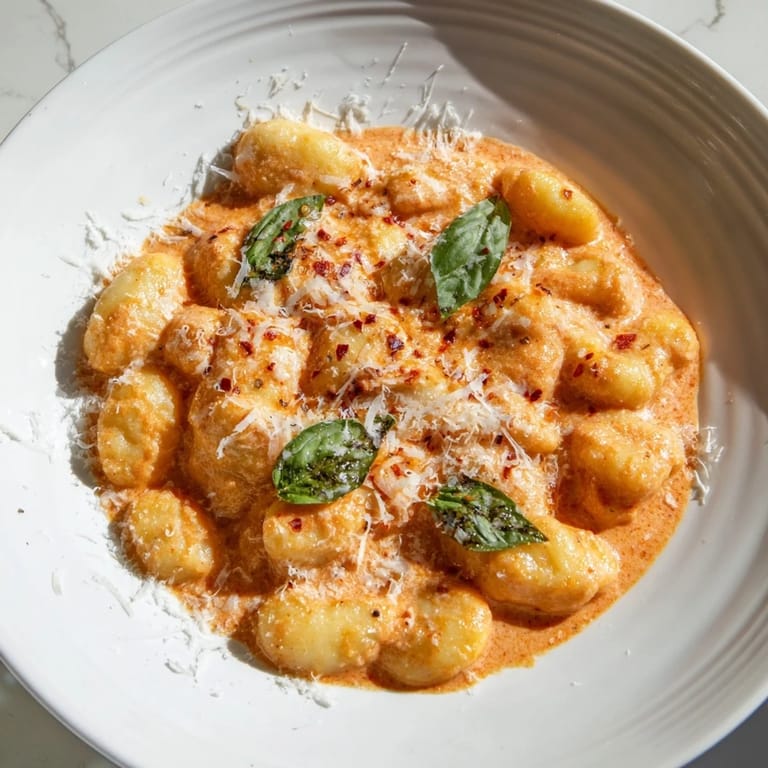 Close-up of creamy tomato gnocchi, showing the perfectly cooked gnocchi and rich sauce.
