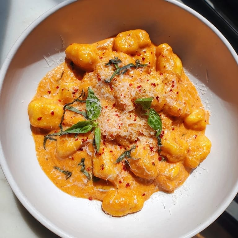 Bright red creamy tomato gnocchi bubbling in a skillet, topped with fresh basil and Parmesan.