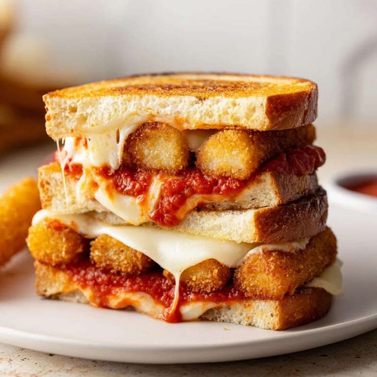 Crispy, golden-brown bread surrounds a molten Mozzarella Stick Grilled Cheese, dripping with marinara.