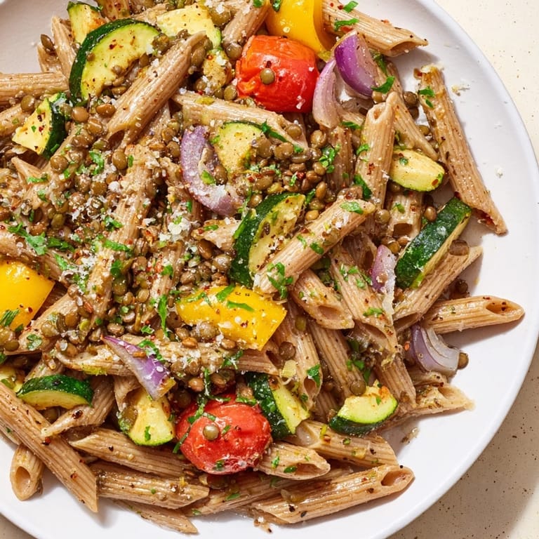 A colorful bowl of Mediterranean Lentil Pasta with Vegetables, steaming hot, garnished with fresh herbs.